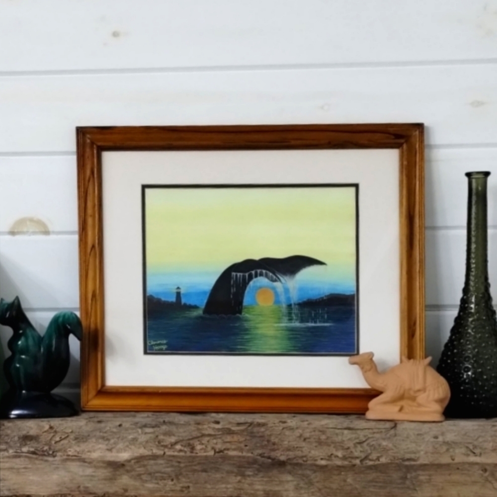 Vintage Whale Seascape Original Pastel Framed Lighthouse Sunset